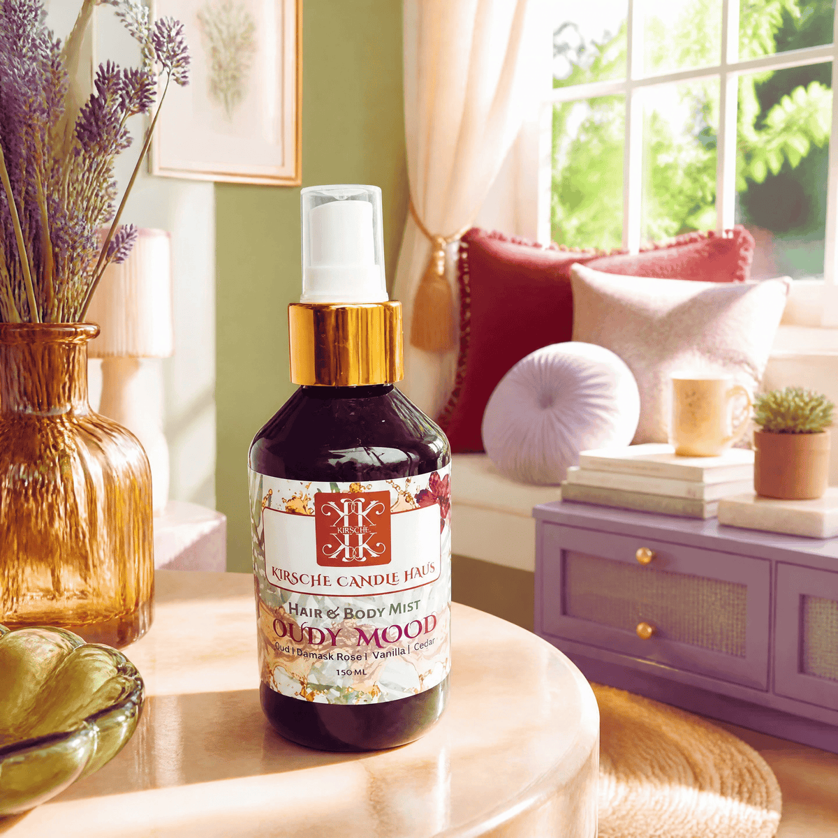 A bottle of Kirsch Candle Haus 'Oody Mood' Hair & Body Mist natural ingredient bodycare made in Wellington New Zealand sits on a round wooden table in a beautifully decorated room with a window, cushions, and dried lavender in a vase.