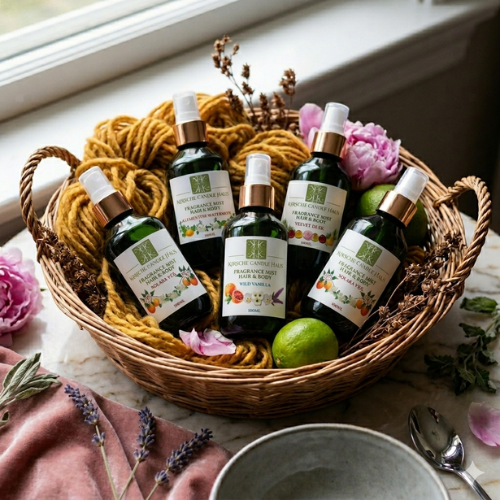 Basket with bottles of essential oils and natural products on a table near a window.