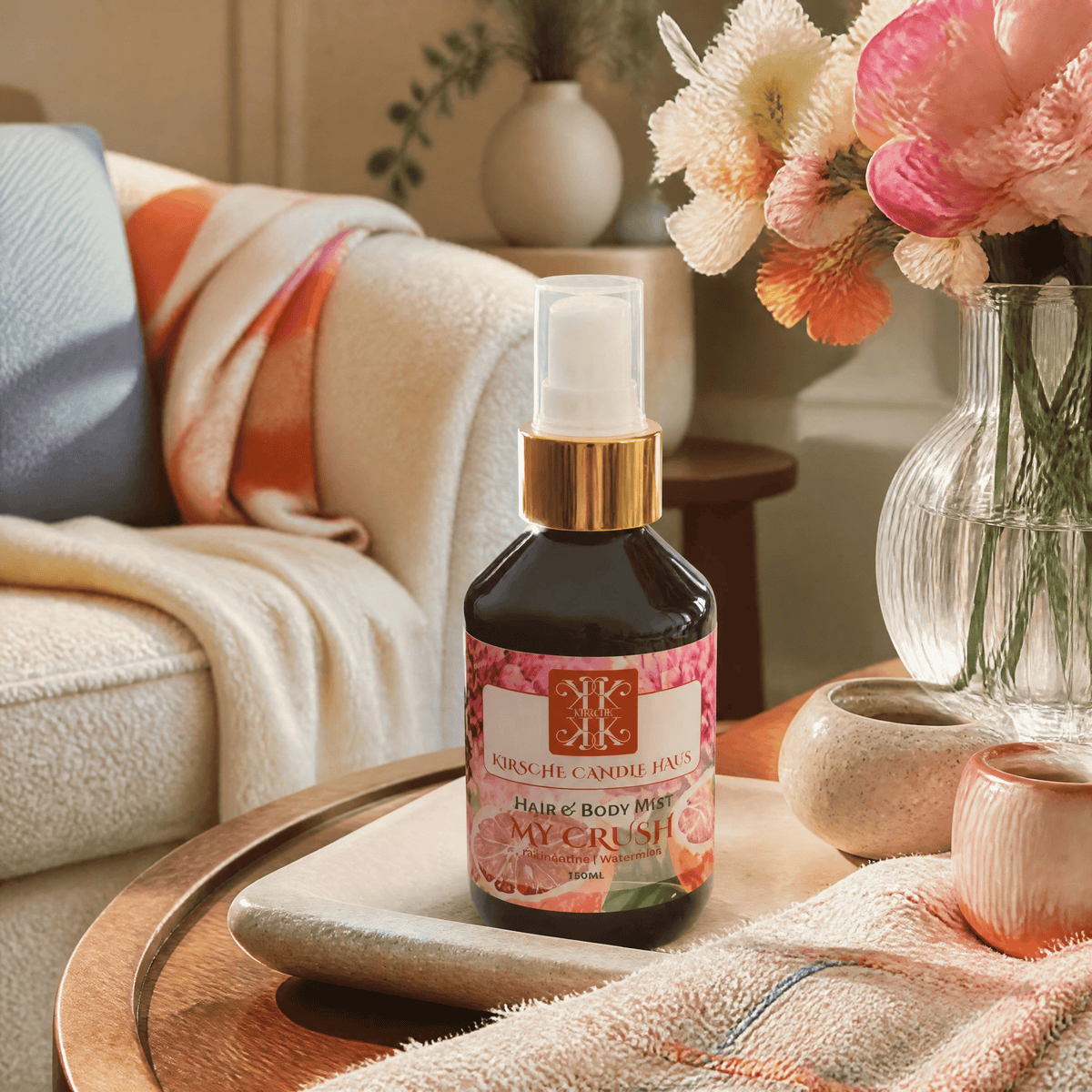 A bottle of Kirsche Candle Haus Hair & Body Wash in My Crush Clementine and Watermint scent, styled on a wooden tray in a cozy, warm-toned living room setting with flowers and a sofa in the background.