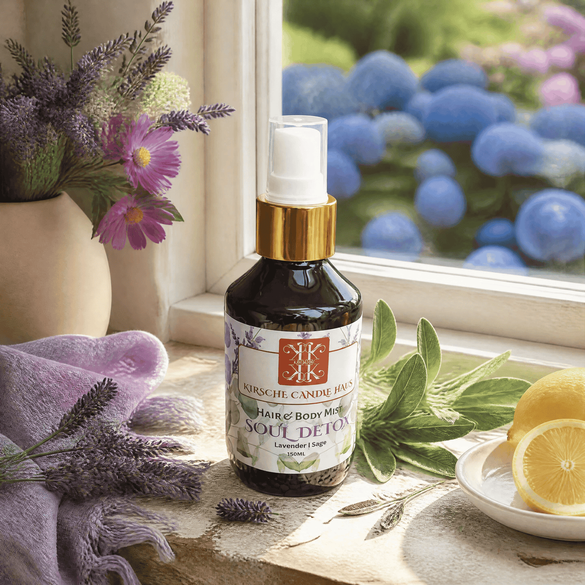 A bottle of Kirsche Candle Haus 'Soul Detox lavender body mist NZ skincare products sits on a windowsill surrounded by lavender sprigs, a purple towel, fresh sage, and a lemon slice, with a window showing blue hydrangeas in the background.