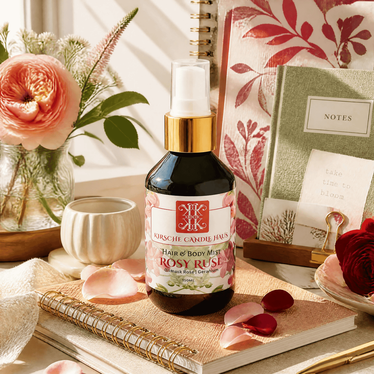 A bottle of Kirsche Candle Haus Hair & Body Mist in 'Rosy Rose' is styled on a desk with notebooks, rose petals, and a flower vase in warm, natural light. Natural bodycare handpoured in New Zealand Wellington.